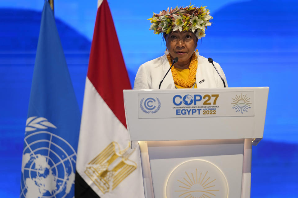 Esa Sharon-Mona Ainuu, minister of natural resources of Niue, speaks at the COP27 U.N. Climate Summit, Tuesday, Nov. 15, 2022, in Sharm el-Sheikh, Egypt. (AP Photo/Peter Dejong)