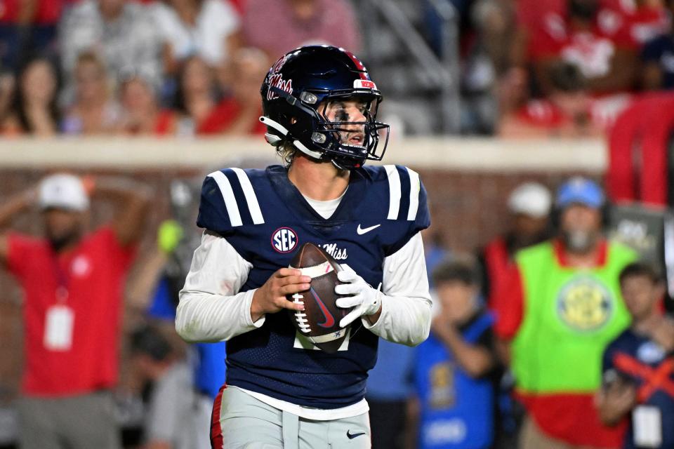 Mississippi quarterback Jaxson Dart looks to pass during the second half the team's NCAA college football game against Georgia Tech in Oxford, Miss., Saturday, Sept. 16, 2023. (AP Photo/Thomas Graning)