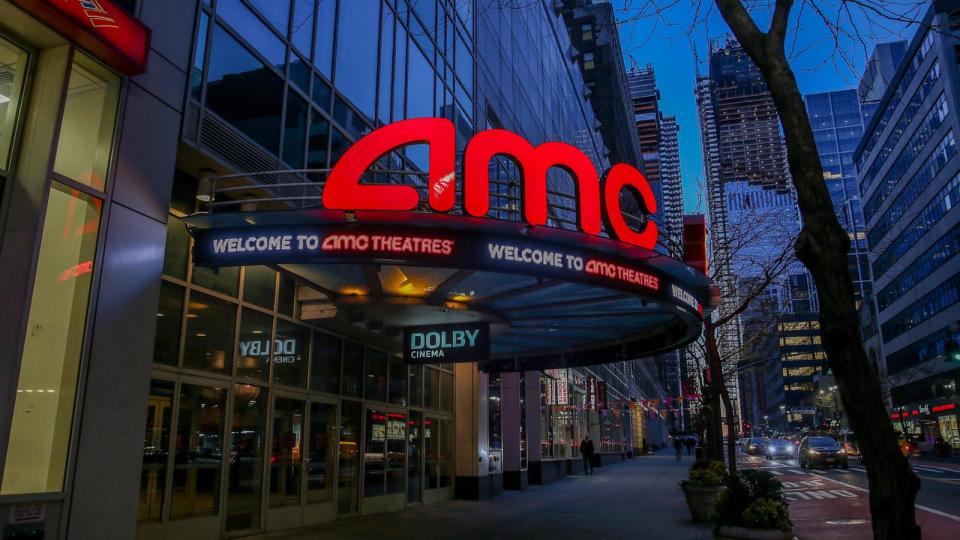 PHOTO: In this March 5, 2021 file photo, the sign for an AMC movie theater is shown in New York. (Amir Hamja/Bloomberg via Getty Images, FILE)