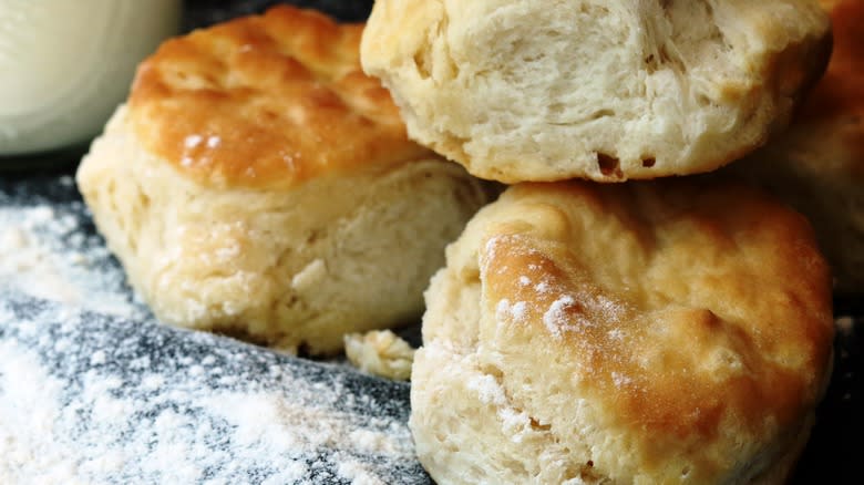 closeup of three buttermilk biscuits