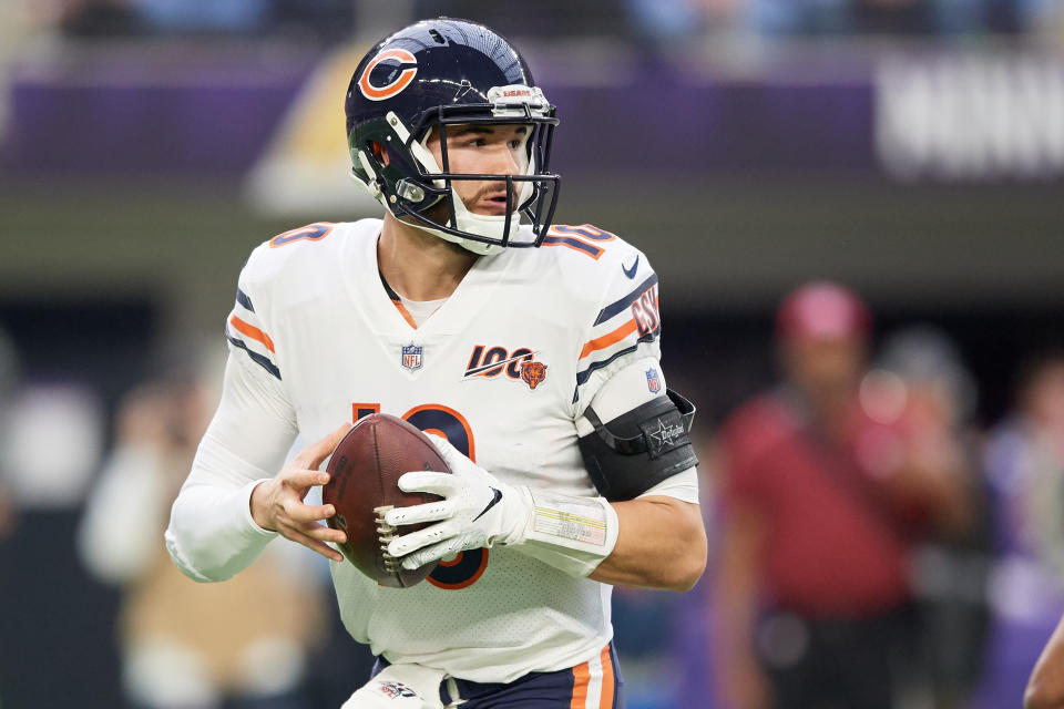 Chicago Bears quarterback Mitchell Trubisky reportedly underwent surgery on his left shoulder. (Hannah Foslien/Getty Images)