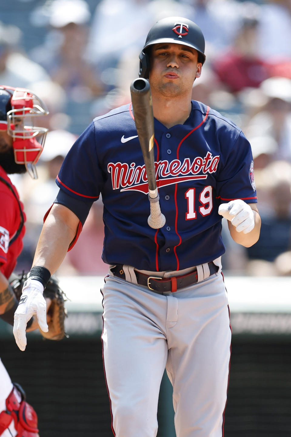 Minnesota Twins' Alex Kirilloff reacts after striking out against Cleveland Guardians starting pitcher Shane Bieber during the sixth inning of a baseball game Thursday, June 30, 2022, in Cleveland. (AP Photo/Ron Schwane)