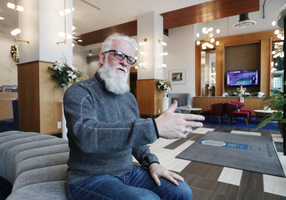Developer Tony Troppe, who secured Ohio Historic Preservation Tax credits for Beacon Journal renovations, talks about the effects the pandemic has had on residential life and development in downtown Akron at the BLU-Tique Hotel in Akron last month.