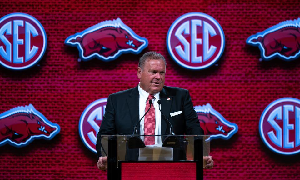 Arkansas coach Sam Pittman addresses the media at SEC media days Wednesday in Nashville, Tenn. Pittman said he appreciates the rivalry his program has with Texas, but he doesn't favor the Razorbacks facing Texas as a permanent rival every year in the SEC.