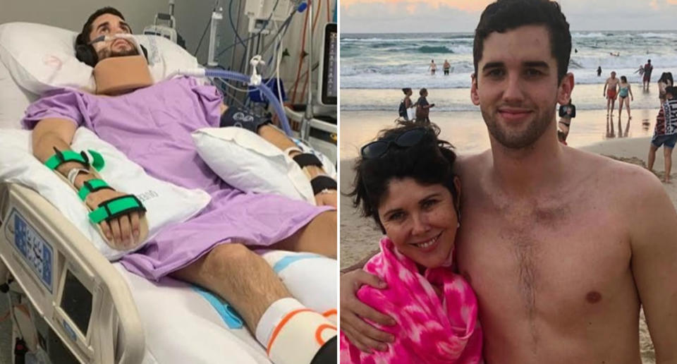 Charlie Lilley injured his spine after a swimming pool accident at an end-of-year work function. He’s pictured (right) with his mum Denise. Source: GoFundMe/ Charlie’s journey