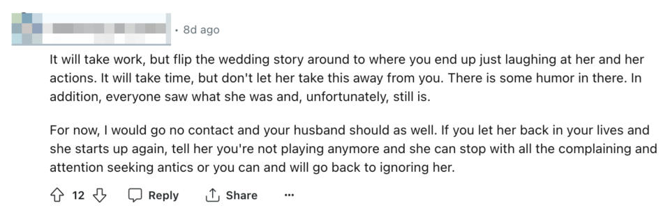 Screenshot of a Reddit comment offering advice about handling a situation with humor and setting boundaries