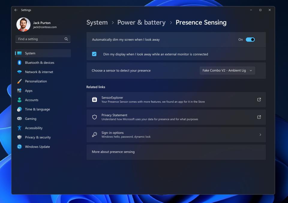 Windows 11 presence settings