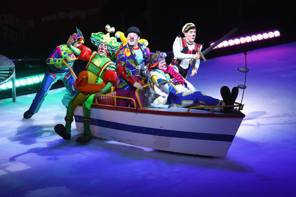 <p>Clowns perform on the final day of the Ringling Bros Barnum and Bailey Circus on May 21, 2017 in Uniondale, New York. Known as “The Greatest Show on Earth”, the circus performed its final act after a 146 year run. (Bruce Bennett/Getty Images) </p>