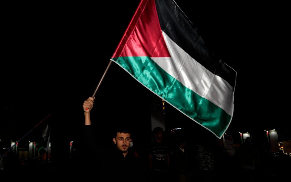 A Lebanese student, living in Iran, waves the Palestinian flag during a pro-Palestinian gathering at the Felestin
