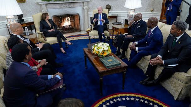 PHOTO: President Joe Biden and Vice President Kamala Harris meet with members of the Congressional Black Caucus in the Oval Office of the White House in Washington, D.C., Feb. 2, 2023. (Susan Walsh/AP)