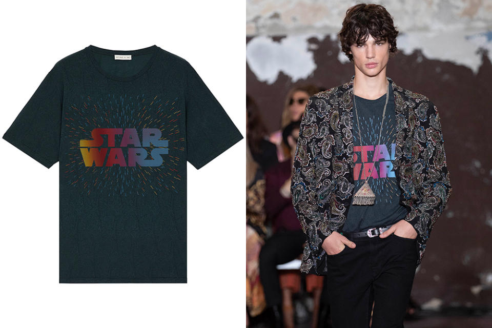 A model wearing an Etro x Star Wars t-shirt on the runway.