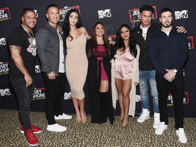 <p>Amanda Edwards/WireImage</p> Ronnie Ortiz-Magro, Mike Sorrentino, Jenni Farley, Deena Cortese, Nicole Polizzi, Pauly DelVecchio and Vinny Guadagnino arrive at the "Jersey Shore Family Vacation" Global Premiere in 2018