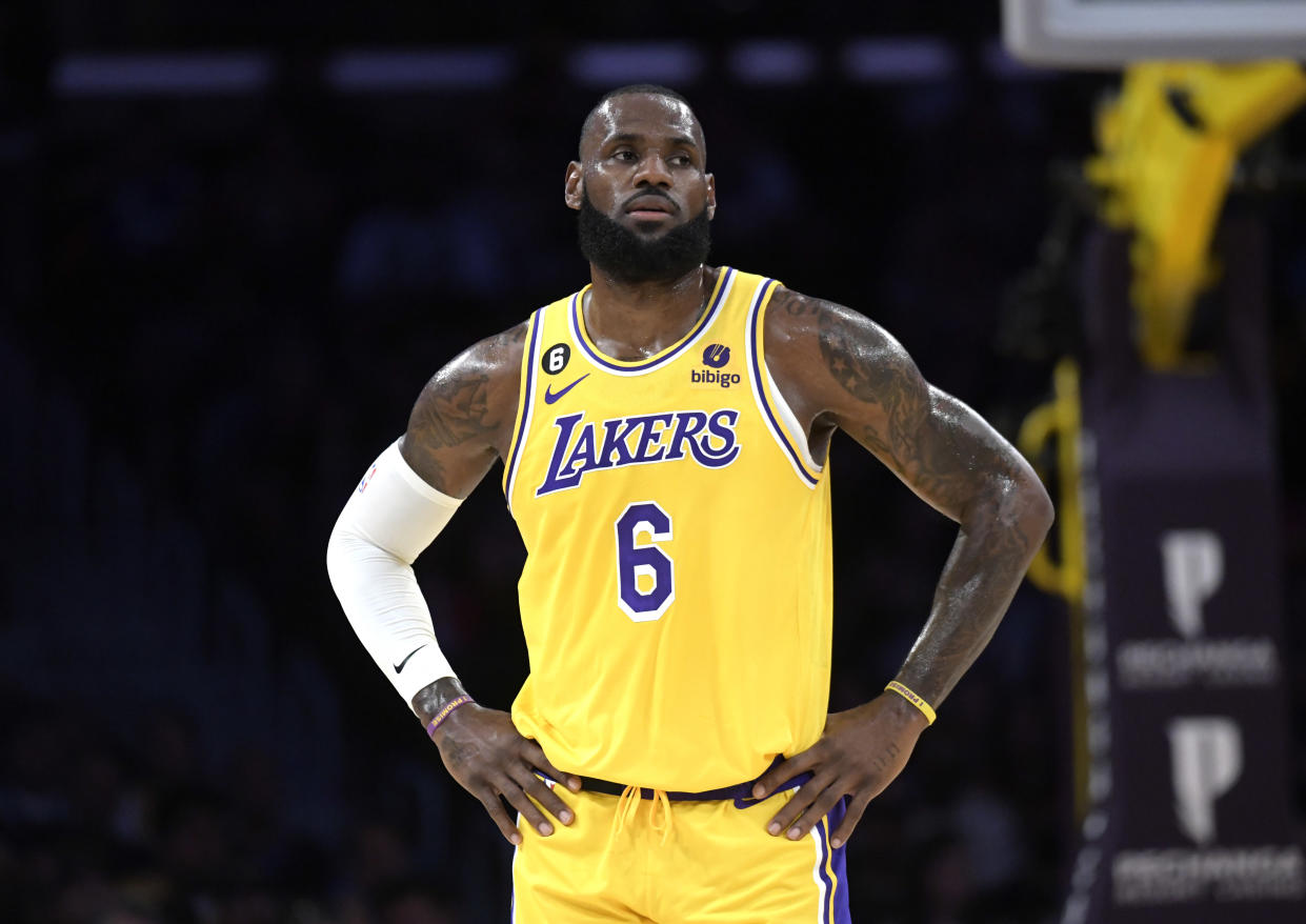 LOS ANGELES, CA - OCTOBER 03: LeBron James #6 of the Los Angeles Lakers looks on during a break in the action during the first half with Sacramento Kings at Crypto.com Arena on October 3, 2022 in Los Angeles, California. (Photo by Kevork Djansezian/Getty Images)