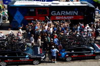 onathan Vaughters, CEO of Slipstream Sports and director of Garmin-Sharp, is surrounded by the media as he delivers a statment prior the start of stage five of the 2012 Tour de France from Rouen to Saint-Quentin on July 5, 2012 in Rouen, France. It is reported that Vaughters and four others have agreed to give evidence to the US Anti Doping Agency in the latest investigation of Lance Armstrong. (Photo by Doug Pensinger/Getty Images)