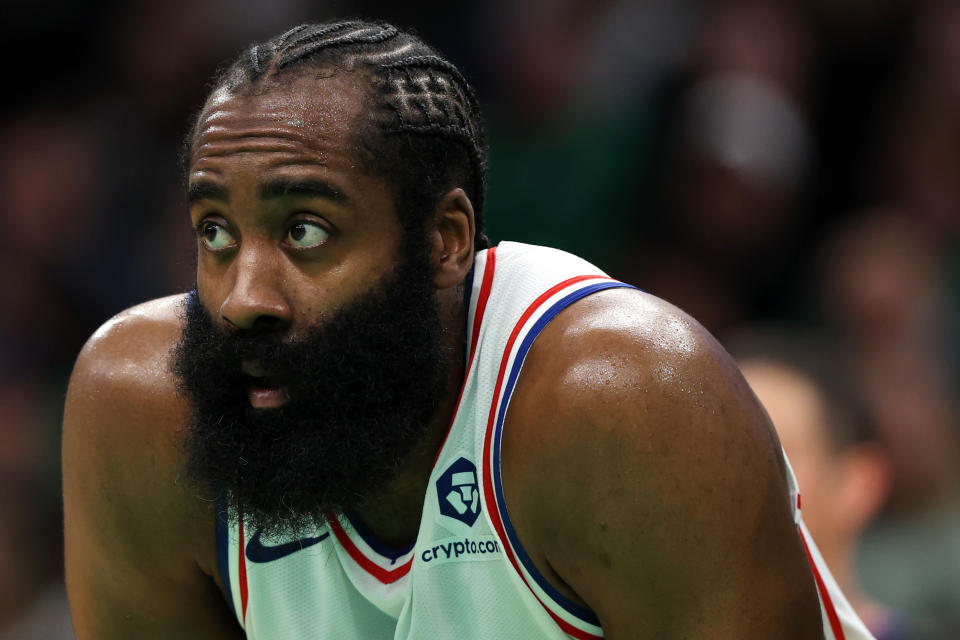 BOSTON, MASSACHUSETTS - MAY 03: James Harden #1 of the Philadelphia 76ers looks on during the first quarter of game two of the Eastern Conference Second Round Playoffs at TD Garden on May 03, 2023 in Boston, Massachusetts. NOTE TO USER: User expressly acknowledges and agrees that, by downloading and or using this photograph, User is consenting to the terms and conditions of the Getty Images License Agreement. (Photo by Maddie Meyer/Getty Images)