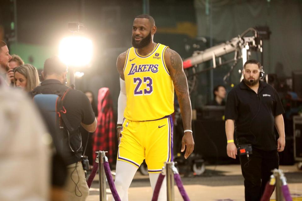 LeBron James walks across the court at the Lakers' training facility in El Segundo during media day.