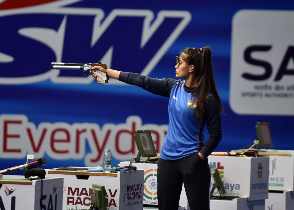 NEW DELHI, INDIA  MARCH 20: Indian shooter Manu Bhaker in action during the 10-meter Air Pistol Womens final of International Shooting Sports Federation (ISSF) World Cup, at Dr Karni Singh Shooting Ranges, on March 20, 2021 in New Delhi, India. (Photo by Sanjeev Verma/Hindustan Times via Getty Images)