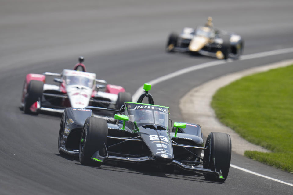 Ryan Hunter-Reay drives during practice for the Indianapolis 500 auto race at Indianapolis Motor Speedway in Indianapolis, Monday, May 22, 2023. (AP Photo/Michael Conroy)