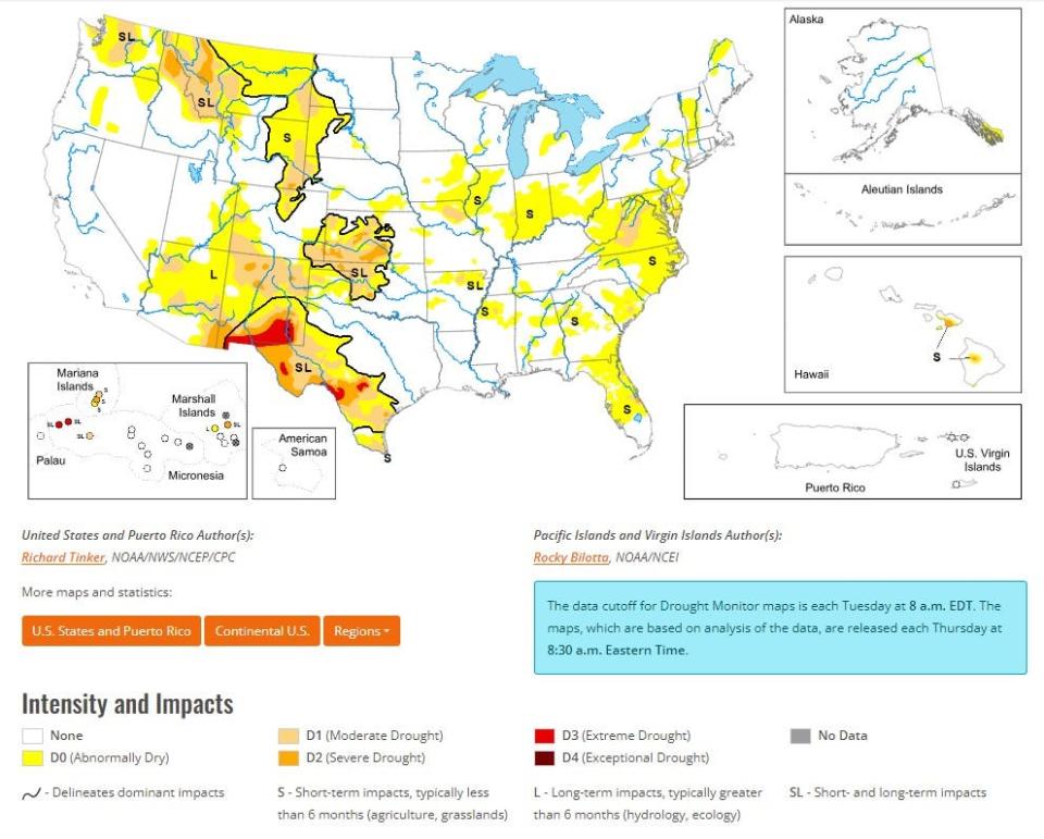 The Drought Monitor summary map identifies general areas of drought and labels them by intensity. D1 is the least intense level and D4 the most intense. Drought is defined as a moisture deficit bad enough to have social, environmental or economic effects. The U.S. Drought Monitor is produced through a partnership between the National Drought Mitigation Center at the University of Nebraska-Lincoln, the United States Department of Agriculture and the National Oceanic and Atmospheric Administration.