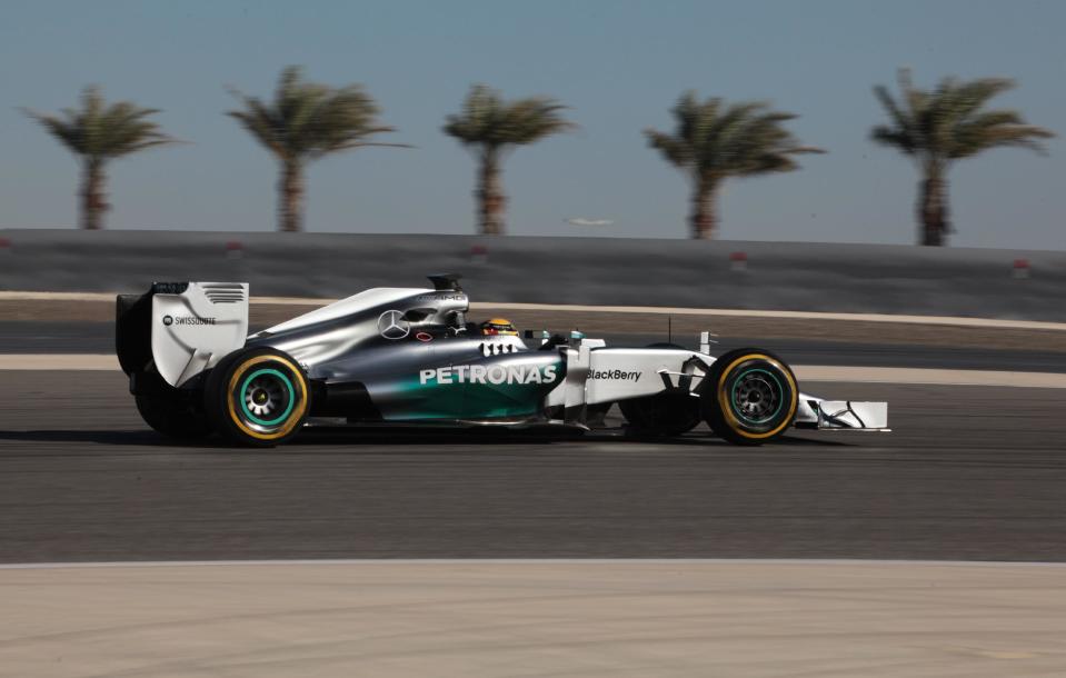 Formula One driver Lewis Hamilton of Mercedes speeds down the track during the final day of pre-season testing at the Bahrain International Circuit in Sakhir, Bahrain, Sunday, March 2, 2014. (AP Photo/Hasan Jamali)