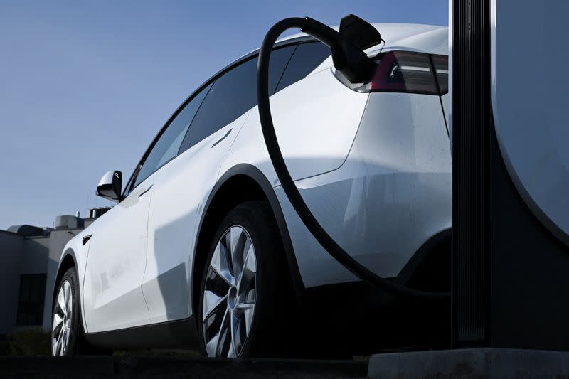 A Tesla electric car charging station near Berlin