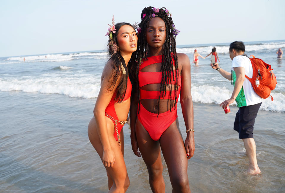 NEW YORK, NEW YORK - SEPTEMBER 12: Models pose after the Chromat x Tourmaline Spring/Summer 2022 Runway Show at New York Fashion Week on September 12, 2021 in New York City. (Photo by Sean Zanni/Getty Images for Chromat)