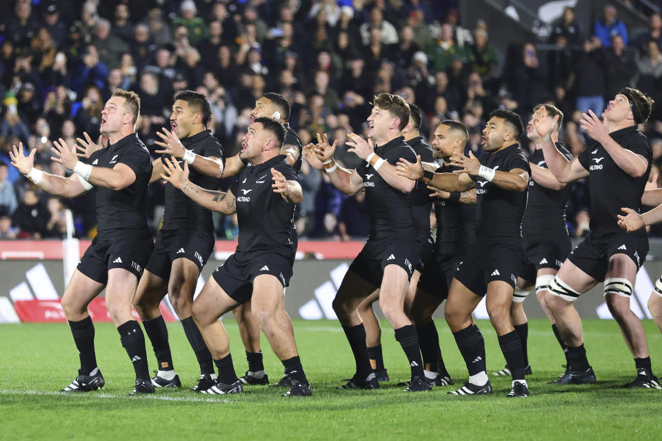 New Zealand perform a haka ahead of the Rugby Championship test match between the All Blacks and South Africa at Mt Smart Stadium in Auckland, New Zealand, Saturday, July 15, 2023. (Aaron Gillions/Photosport via AP)