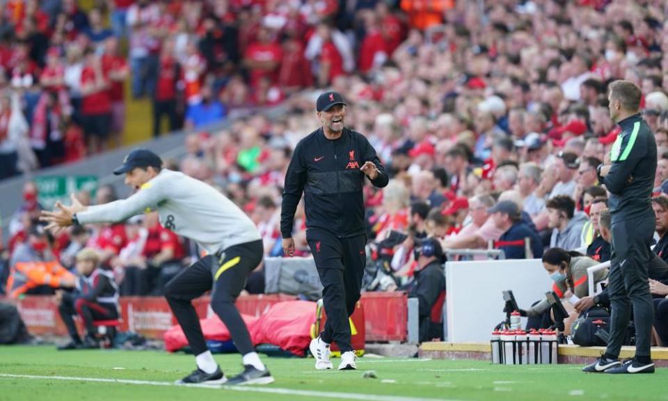 Thomas Tuchel (left) and Jürgen Klopp get animated during Chelsea’s visit to Anfield in August.