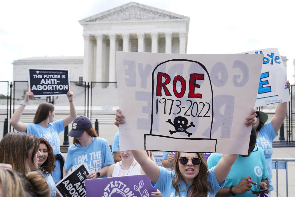 FILE - Demonstrators protest about abortion outside the Supreme Court in Washington, June 24, 2022. The key consequence of the June 2022 Supreme Court’s Dobbs v. Jackson Women’s Health Organization ruling was to return decision-making on abortion policy to individual states. (AP Photo/Jacquelyn Martin, File)