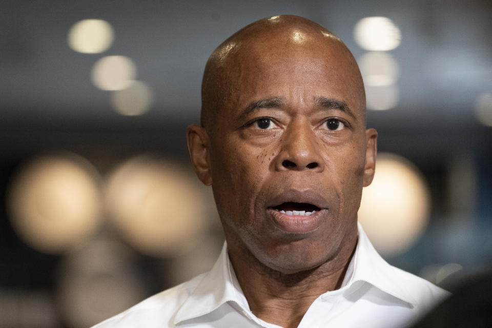 Eric Adams, the Democratic candidate for New York mayor, speaks during an interview at a Brooklyn diner, Wednesday, Aug. 4, 2021, in New York. (AP Photo/Mark Lennihan)