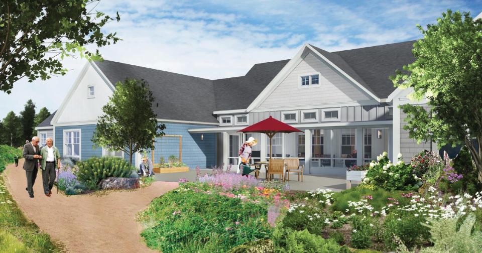 The proposed Navigator Homes of Martha's Vineyard in Edgartown, shown as a rendering, would include 66 skilled nursing beds in five homes clustered around an outdoor garden, alongside 48 workforce housing units in two apartment buildings, one townhouse, and four duplexes.