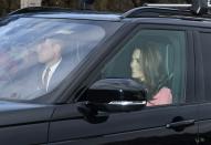 <p>The Duchess of Cambridge wore a pastel pink outfit for the queen’s Christmas lunch at Buckingham Palace. (Photo: Rex) </p>