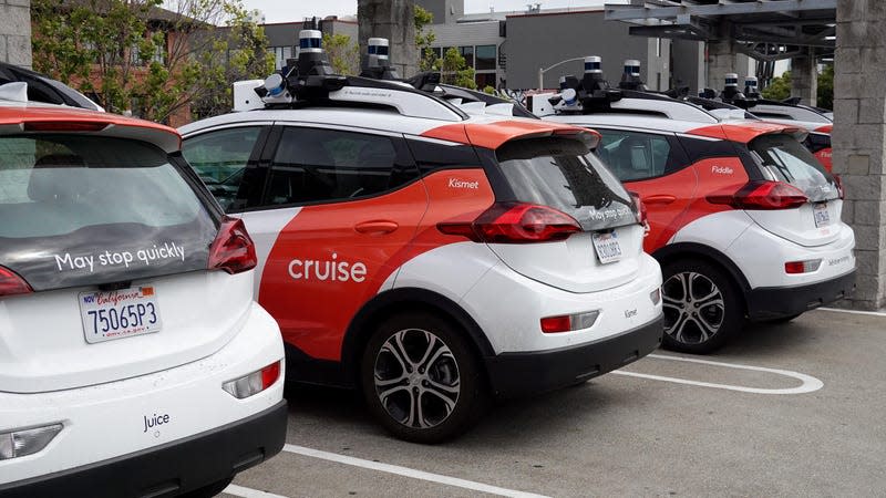 Chevrolet Cruise autonomous vehicles sit parked in a lot on June 08, 2023 in San Francisco, California.