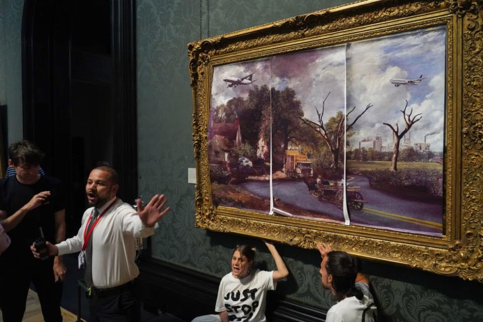 <div class="inline-image__caption"><p>In the National Gallery, London, two Just Stop Oil activists covered John Constable’s <em>The Hay Wain</em> with their own nightmare version of the countryside before gluing themselves to the frame.</p></div> <div class="inline-image__credit">Photo by Kristian Buus/In Pictures via Getty Images</div>