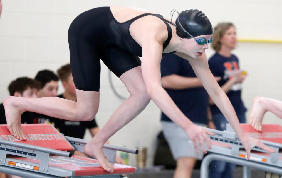 Faith Christian Maris Emmert competes in the 200-yard freestyle during the IHSAA girl’s swimming and diving sectionals, Saturday, Feb. 4, 2023, at the West Lafayette High School in West Lafayette, Ind.