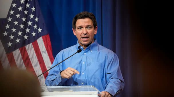 PHOTO: Florida Gov. Ron DeSantis speaks during a fundraising picnic for Rep. Randy Feenstra, R-Iowa, May 13, 2023, in Sioux Center, Iowa. (Charlie Neibergall/AP, FILE)