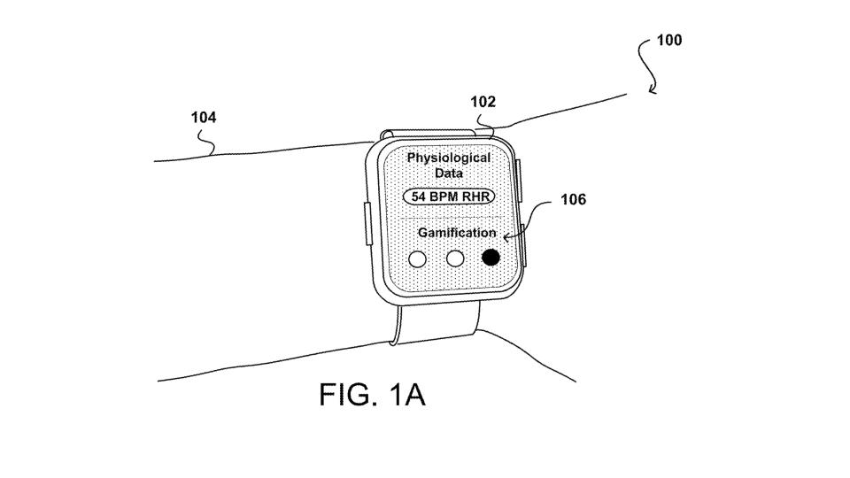 A patent figure showing a smartwatch display, with the user's heart rate visible, as well as a 