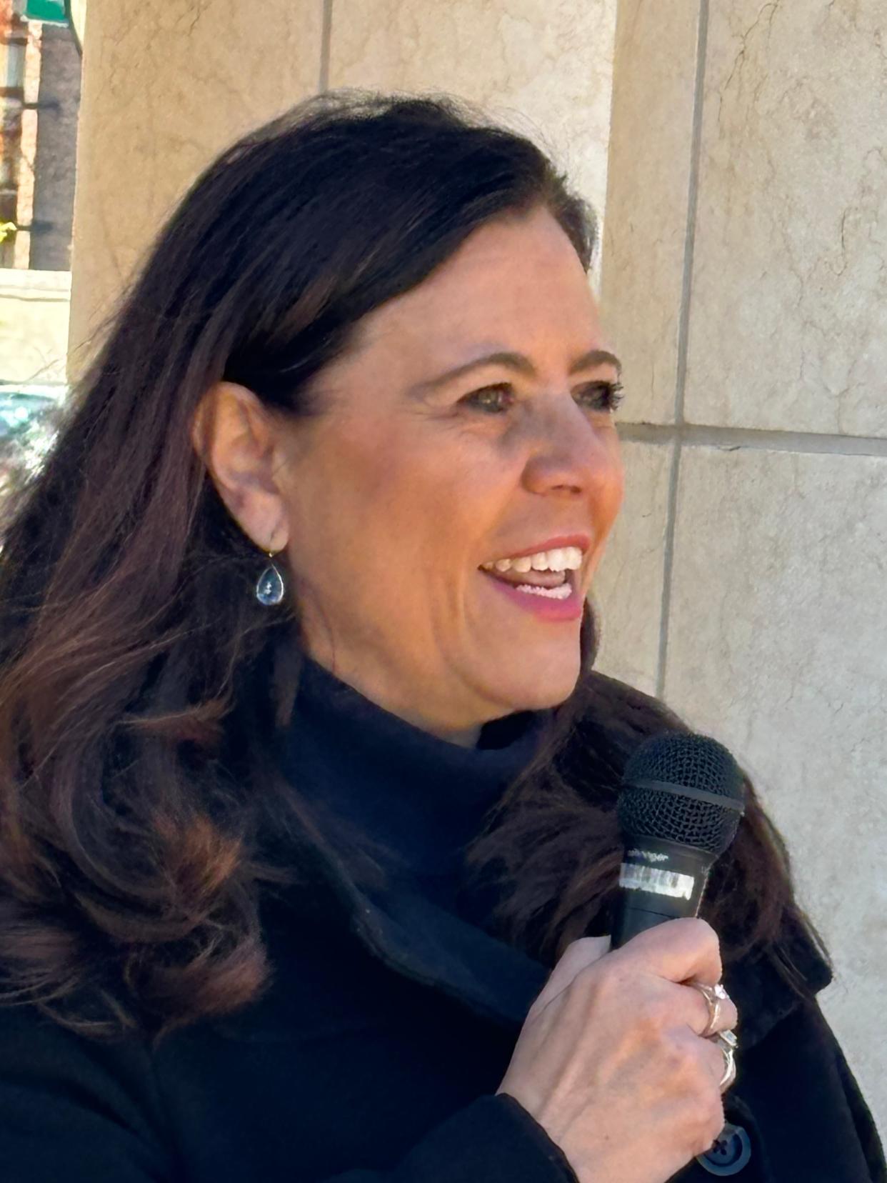 Springfield Mayor Misty Buscher addresses the crowd at the Earth Awareness Fair at Union Square Park on April 20, 2024.
