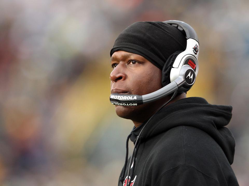 GREEN BAY, WI - NOVEMBER 20:  Head coach Raheem Morris of the Tampa Bay Buccaneers looks on from the sideline in the second half against the Green Bay Packers on November 20,2011 at Lambeau Field in Green Bay, Wisconsin.  (Photo by Elsa/Getty Images)