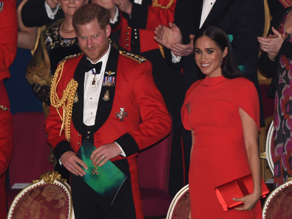 LONDON, ENGLAND - MARCH 07: Prince Harry, Duke of Sussex and Meghan, Duchess of Sussex attend the Mountbatten Music Festival at the Royal Albert Hall on March 7, 2020 in London, England. (Photo by Eddie Mulholland-WPA Pool/Getty Images)