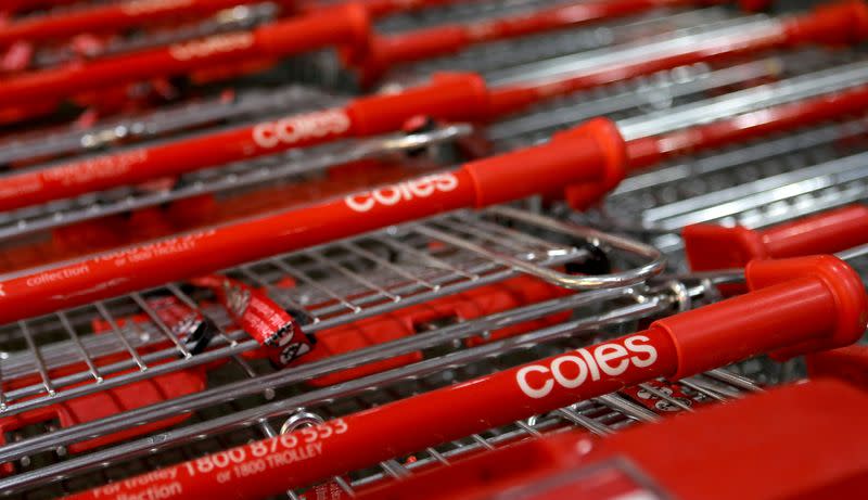 FILE PHOTO: The Coles (main Wesfarmers brand) logo is seen on trolleys at a Coles supermarket in Sydney