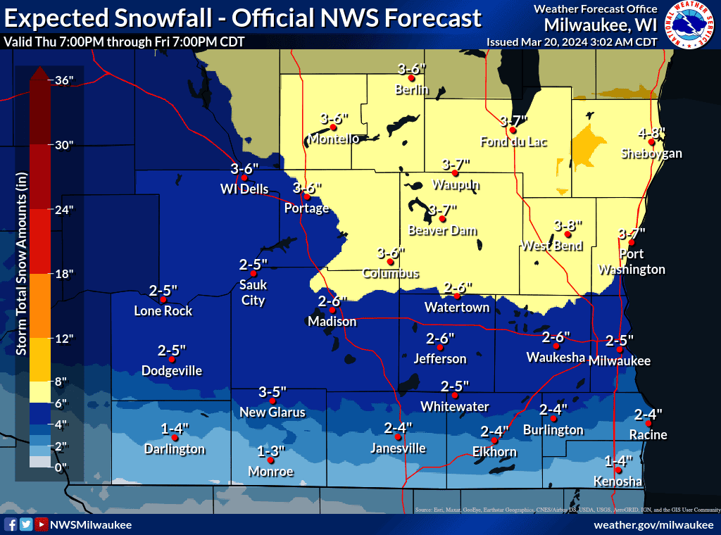 The local National Weather Service snowfall forecast map.