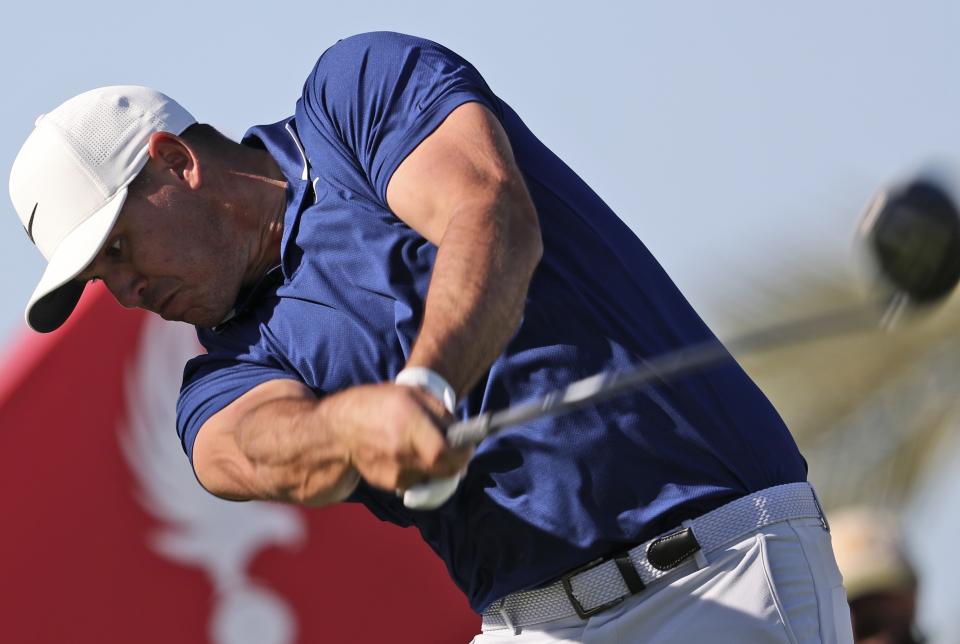 Brooks Koepka from the U.S. tees off on the 14th hole during the second round of the Abu Dhabi Championship golf tournament in Abu Dhabi, United Arab Emirates, Friday, Jan. 17, 2020. (AP Photo/Kamran Jebreili)