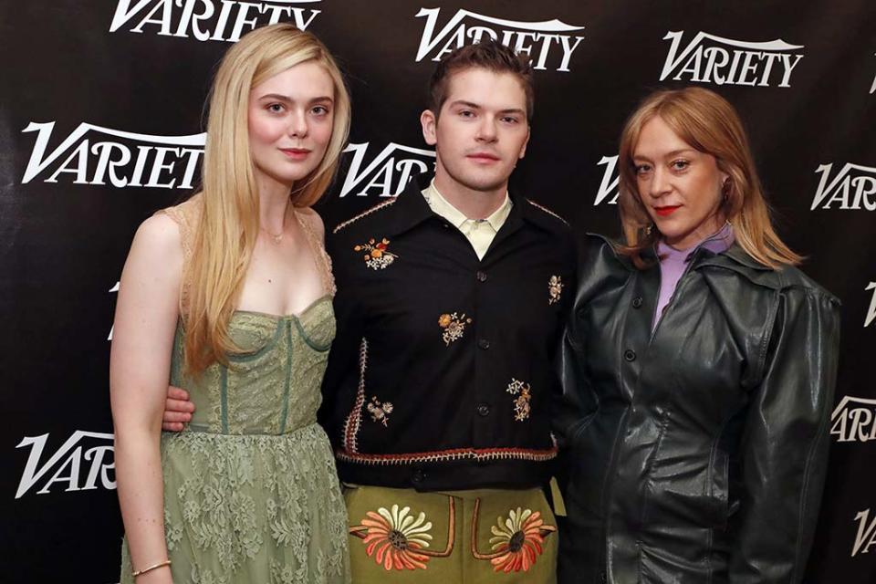 AUSTIN, TEXAS - MARCH 12: L-R: Elle Fanning, Colton Ryan, and Chloë Sevigny from the film The Girl from Plainville pose at the Variety Studio at SXSW 2022 at JW Marriott Austin on March 12, 2022 in Austin, Texas. (Photo by Astrid Stawiarz/Getty Images for Variety)