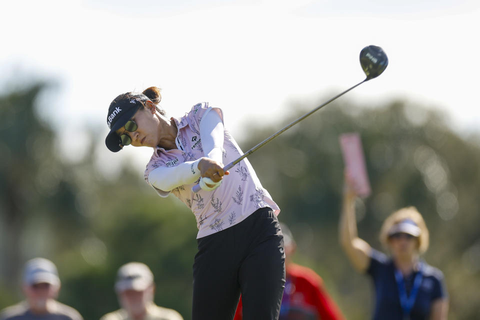 Lydia Ko of <a class="link " href="https://sports.yahoo.com/soccer/teams/new-zealand-women/" data-i13n="sec:content-canvas;subsec:anchor_text;elm:context_link" data-ylk="slk:New Zealand;sec:content-canvas;subsec:anchor_text;elm:context_link;itc:0">New Zealand</a> plays her shot from the 11th tee during the second round of The ANNIKA driven by Gainbridge at Pelican Golf Club on November 10, 2023, in Belleair, Florida. (Photo by Mike Ehrmann/Getty Images)