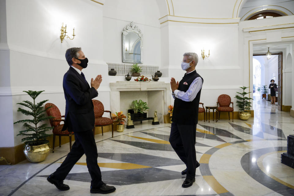 India's Foreign Minister Subrahmanyam Jaishankar, right, greets U.S. Secretary of State Antony Blinken at Hyderabad House in New Delhi, India Wednesday, July 28, 2021. (Jonathan Ernst/Pool Photo via AP)