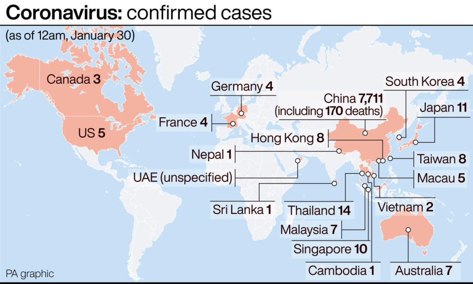 Coronavirus: confirmed cases. See story HEALTH Coronavirus. Infographic PA Graphics