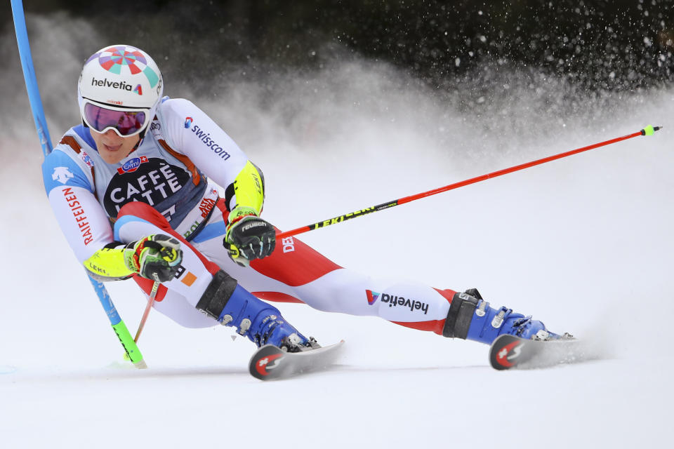 Sweden's Marco Odermatt speeds down the course during a men's World Cup Giant Slalom, in Alta Badia, Italy, Sunday, Dec. 16, 2018. (AP Photo/Marco Trovati)