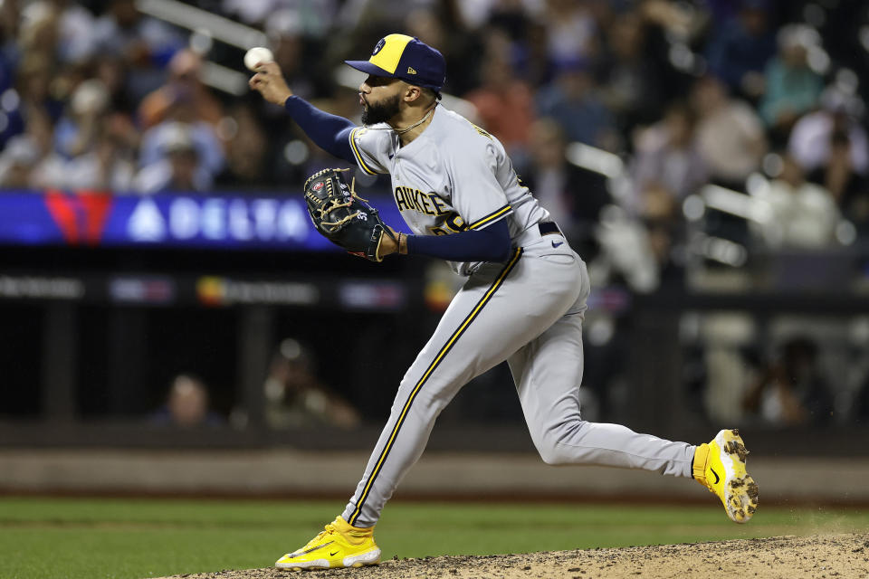 Milwaukee Brewers pitcher Devin Williams throws during the ninth inning of a baseball game against the New York Mets, Monday, June 26, 2023, in New York. (AP Photo/Adam Hunger)