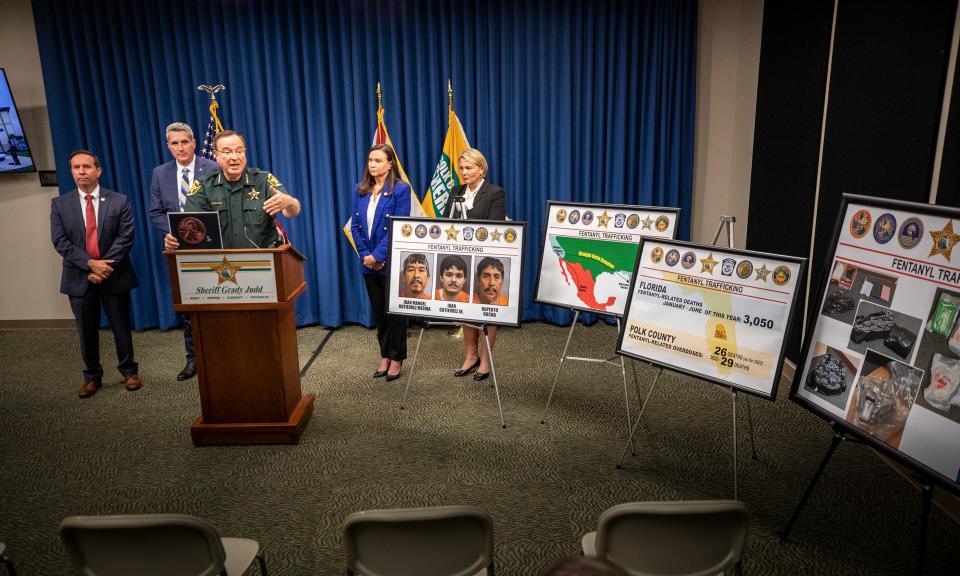 Polk County Sheriff Grady Judd announces the arrests made in a Fentanyl Trafficking ring accompanied by FDLE Commissioner Mark Glass State Attorney Brian Haas Florida Attorney General Ashley Moody and State Attorney Susan Lopez during a press conference at the Sheriff's Operation Center in Winter Haven Fl.. Tuesday October 31,2023.
Ernst Peters/The Ledger